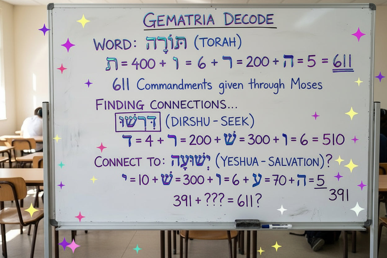 Whiteboard with Gematria Decode calculations in a classroom setting