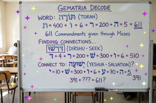 Whiteboard with Gematria Decode calculations in a classroom setting